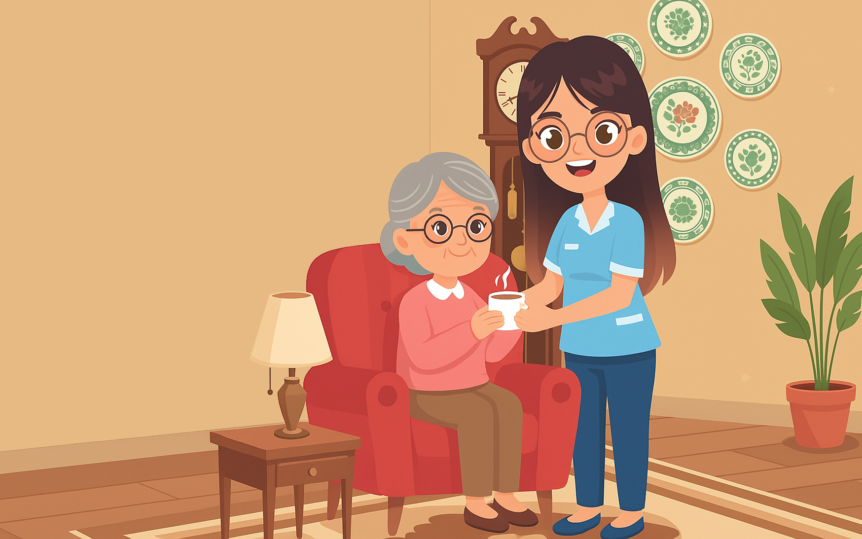 Illustration aide à domicile - Charlotte accompagne une personne âgée